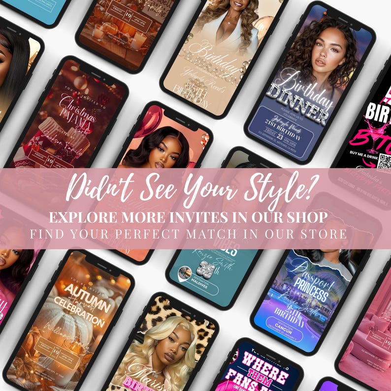 The image is a collage of various smartphone screens displaying different event invites, including birthday and dinner parties.