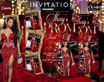 May include: A digital prom invitation template with a red and gold color scheme. The design features a woman in a red gown, gold balloons, and the text "Luxurious Digital Prom Invitation". The template is fully editable in Canva.