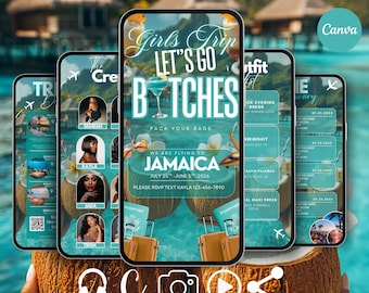 May include: Digital itinerary invitation template with a tropical theme. The design features smartphones displaying travel details for a trip to Jamaica, with text that reads "Girls Trip Let's Go Bitches". Includes customizable options.