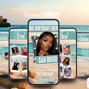Könnte beinhalten: Digitales Reiseplan-Canva-Template, das auf fünf Smartphones angezeigt wird. Die Bildschirme zeigen einen Geburtstagsreiseplan mit Abschnitten für luxuriöse Restaurants, Kleidung, Crew und Zeitplan. Das zentrale Telefon zeigt ein Foto einer Frau und den Text "Big Birthday Ener" und "San Diego".