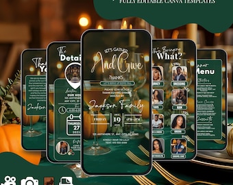 Puede incluir: Una plantilla de invitación digital con temática de Acción de Gracias. El diseño presenta maquetas de teléfonos inteligentes que muestran los detalles del evento, incluida la fecha, la hora y el menú. El texto dice "Luxurious Invitations" y "Fully Editable Canva Templates."