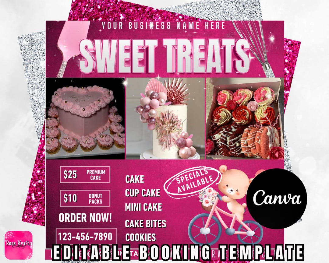 Editable Sweet Treats Menu Flyer: Pink Bakery Canva Template (digital ...