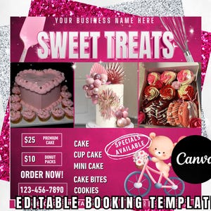 Süße Leckereien-Menü-Flyer | Bearbeitbare Canva Vorlage | Rosa Bäckerei Menü | Kuchen Bestellschein | Cupcake-Speisekarte | DIY Dessert Flyer