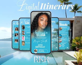 Itinerario editable para un viaje de cumpleaños a Santa Lucía, invitación digital en Canva para planificadores de viajes femeninos