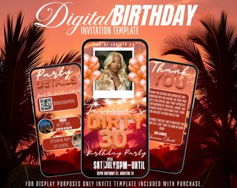 Dirty 30 Birthday Invitation: Sunset Palm Party, Editable Canva Template (Digital Download)