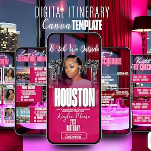 Könnte beinhalten: Digitales Reiseplan Canva-Vorlage auf Smartphones. Das Design zeigt ein rosa und weißes Farbschema mit dem Text "Bitch We Outside" und "Houston". Die Vorlage enthält Abschnitte für Crew, Signature Drinks, Zeitplan und Urlaubs-Fit-Check.
