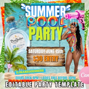 Pode incluir: Um modelo de festa vibrante com o tema festa na piscina de verão. O design apresenta uma mulher em fato de banho colorido, uma garrafa de tequila Don Julio Blanco e o texto "Summer Pool Party". O modelo inclui a data, a entrada e outros detalhes.