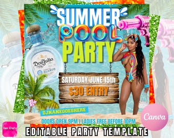 Puede incluir: Una plantilla de fiesta vibrante con temática de fiesta en la piscina de verano. El diseño presenta a una mujer en traje de baño colorido, una botella de tequila Don Julio Blanco y el texto "Summer Pool Party". La plantilla incluye la fecha, la entrada y otros detalles.