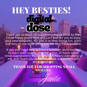 The image is a promotional message for Digital Dose, featuring a cityscape at night with a purple and blue color scheme. The message expresses gratitude to the reader for supporting Digital Dose and mentions the company's goal to keep things fun, glamorous, and easy to use. The message also encourages the reader to reach out for help or advice, and to feel confident and excited with every purchase.