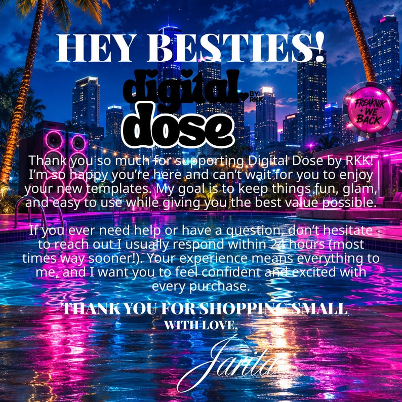 The image is a vibrant nighttime scene with a city skyline in the background, featuring a pool and palm trees. The text overlay is a message from Jania, expressing gratitude for the support of Digital Dose by RKKI and offering assistance to those in need.