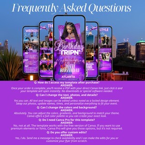 The image is a collage of multiple images, including a large image of a woman with long dark hair and a purple background, and smaller images of people in various poses and settings.