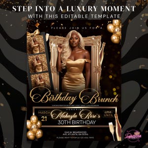 The image is a birthday party invitation featuring a woman in a gold dress, surrounded by gold balloons and confetti. The invitation is for a luxury event, specifically a birthday brunch, and includes details about the date, time, location, and a contact number.