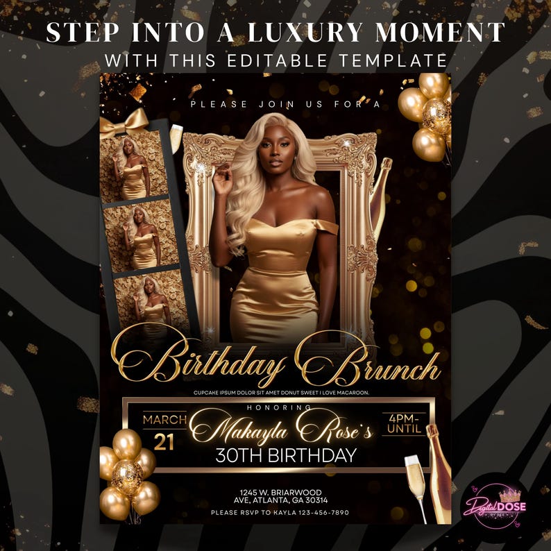 The image is a birthday party invitation featuring a woman in a gold dress, surrounded by gold balloons and confetti. The invitation is for a luxury event, specifically a birthday brunch, and includes details about the date, time, location, and a contact number.