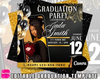Black & Gold Graduation Party Flyer Template: Class of 2025 Canva Invite (Digital Download)