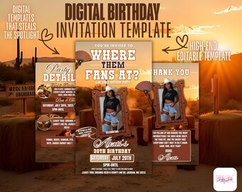 Cowgirl Birthday Party Invitation: Line Dance, Boots & BBQ (Canva Template, Digital Download)