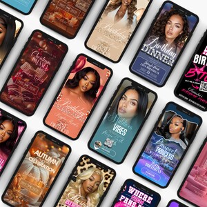 a collection of smartphone screens displaying various birthday party event details, including names, dates, and other event information.