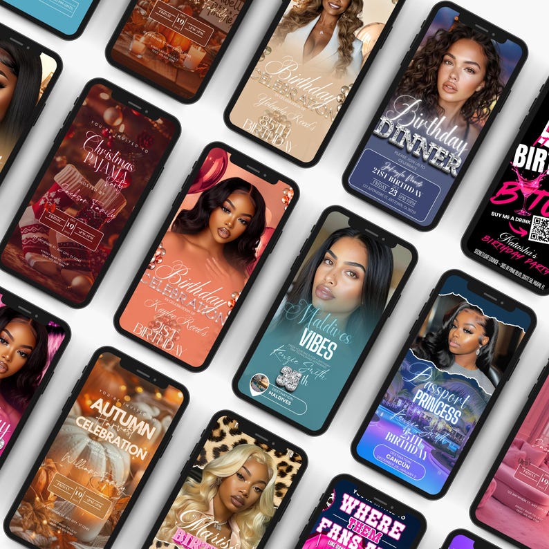 a collection of smartphone screens displaying various birthday party event details, including names, dates, and other event information.