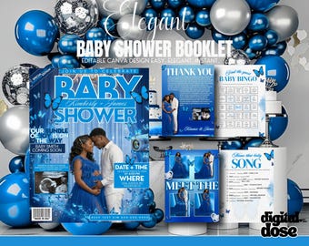 May include: A baby shower booklet in blue and white, with the words "Baby Shower" and the names "Kimberly + James." The design incorporates butterflies and images of a couple. The booklet also includes "Thank You" and "Baby Bingo" cards.