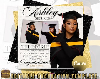 Editable Graduation Announcement Flyer: Black, White, and Gold Canva Template (Digital Download)