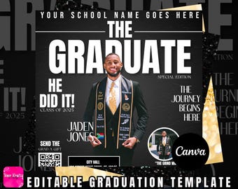 Graduation Party Flyer: Bold Black & Gold Canva Template (Digital)