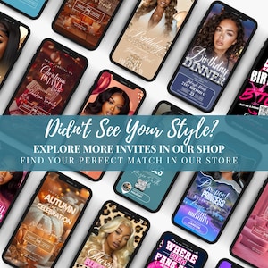 The image is a collage of various smartphone screens displaying different event invites, including birthday and dinner parties.