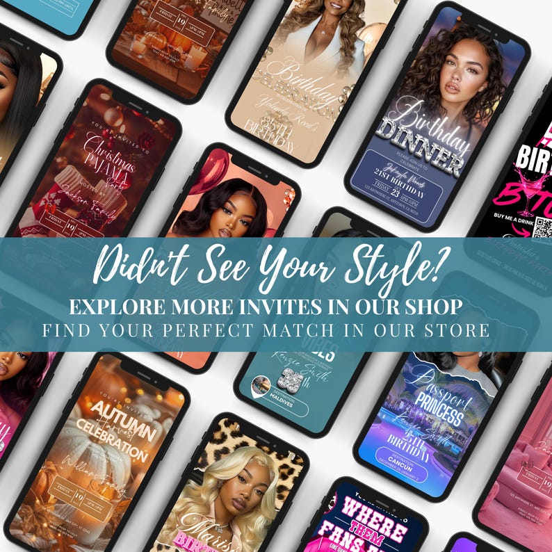 The image is a collage of various smartphone screens displaying different event invites, including birthday and dinner parties.