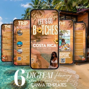 Könnte beinhalten: Ein Set aus sechs digitalen Reiseplan-Vorlagen für eine Reise nach Costa Rica, mit tropischem Strandthema, Palmen, Sonnenuntergangsfarben und Textüberlagerungen wie Girls Trip, Let's Go und Costa Rica auf Smartphone-Bildschirmen.
