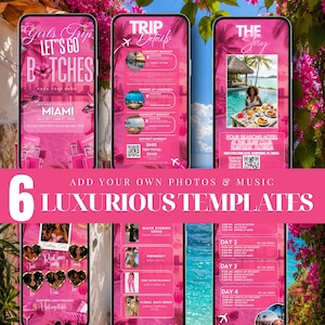 The image is a collage of six pink promotional banners for a luxury beach resort, featuring various vacation packages and amenities.