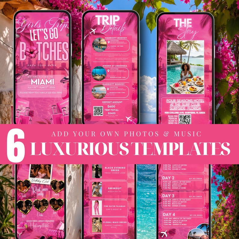 The image is a collage of six pink promotional banners for a luxury beach resort, featuring various vacation packages and amenities.