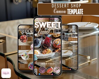 May include: A digital dessert shop Canva template displayed on three smartphone screens. The screens showcase menu items like cake pops and assorted fruit, along with a thank you message. The text includes "Sweet Vault" and "Dessert Shop".