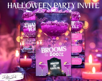 Può includere: Un invito a una festa di Halloween a tema viola e rosa. L'invito presenta un bicchiere da cocktail con una bevanda viola, pipistrelli e le parole "Brooms & Booze". Il testo include i dettagli dell'evento e un messaggio di ringraziamento.