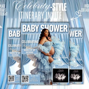 May include: A light blue baby shower invitation with the text "Celebrity-STYLE ITINERARY INVITE" and "BABY SHOWER". The invitation features a photo of a pregnant person in a blue dress and includes QR codes.