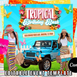 Tropical Birthday Party Flyer: Editable Island Invitation (Canva Template, Digital Download