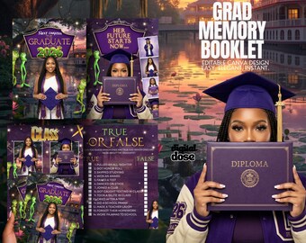 May include: A digital Grad Memory Booklet template featuring purple and gold graduation themes. The design includes text such as Grad Memory Booklet, Next Chapter The Graduate Class of 2026, Her Future Starts Now, and a True or False game.