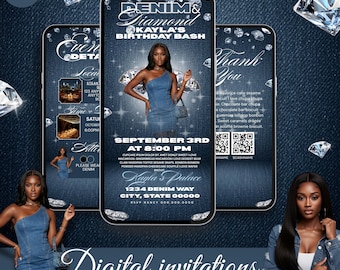 Verjaardagsuitnodiging: thema denim en diamanten: bewerkbare canvassjabloon
