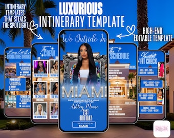 Editable Miami Birthday Trip Itinerary Flyer – Glam Birthday Weekend Invite Template for Girls Trip, Pool Party, Travel Schedule Canva