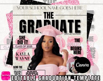 The Graduate – roze glamourafstuderen canvassjabloon | Bewerkbare uitnodiging afstudeerfeest 2025 voor haar