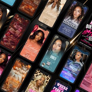 a collection of colorful smartphone screens displaying various event details, including names, dates, and descriptions of events such as "Birthday Dinner", "Autumn Celebration", and "Where Fans Are".