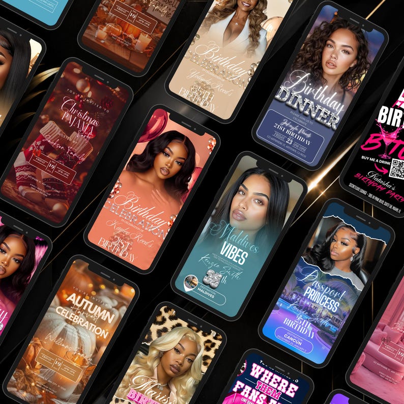 a collection of colorful smartphone screens displaying various event details, including names, dates, and descriptions of events such as "Birthday Dinner", "Autumn Celebration", and "Where Fans Are".