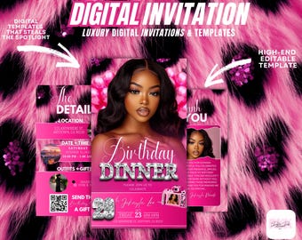 Pink Glam Birthday Dinner Invitation: Editable Canva Template