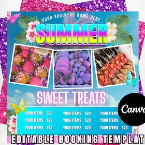 Modèle de Flyer modifiable pour friandises sucrées – Menu de desserts d'été pour boulangers et Candy Girls | Téléchargement numérique Canvas | Menu rose pour gourmandises de fête