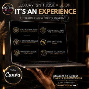 The image is an advertisement for a digital design service, featuring a laptop with a hand holding it. The ad highlights the luxury and experience of the service, which includes creating custom designs, editing, and customizing visuals, as well as the ability to create a dream design that starts with a single edit in Canva. The ad emphasizes the importance of elevating events with digital design and showcases the service's ability to create memorable experiences.