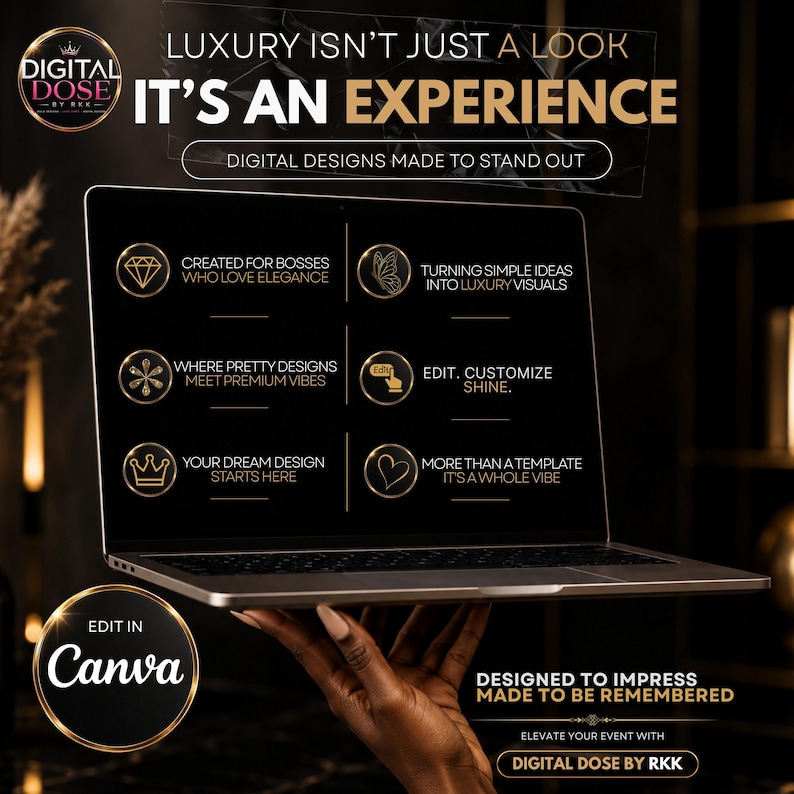 The image is an advertisement for a digital design service, featuring a laptop with a hand holding it. The ad highlights the luxury and experience of the service, which includes creating custom designs, editing, and customizing visuals, as well as the ability to create a dream design that starts with a single edit in Canva. The ad emphasizes the importance of elevating events with digital design and showcases the service's ability to create memorable experiences.