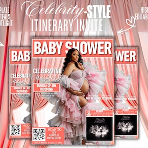 May include: A set of three baby shower invitations with a celebrity-style design. The invitations feature a photo of a pregnant woman in a pink dress, with text that reads "Baby Shower" and "Bundle of Joy Incoming."