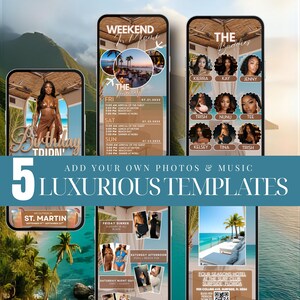 The image is a collage of various smartphone screens displaying different photos and information, likely for a travel or vacation-themed event.
