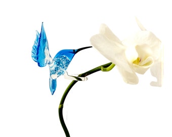 Orchid stick/holder made of glass hummingbird aquamarine