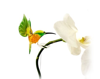 Orchideenstab/-halter aus Glas Kolibri grün-gelb