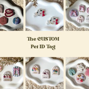 May include: A collection of custom pet ID tags in various shapes, colours, and designs, including hearts, rectangles, and circles. Each tag features unique decorative elements like bows, flowers, and patterns, with names inscribed on the surfaces.