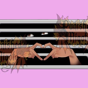 May include: Illustration of a person's eyes peering through a vent, with hands forming a heart shape. The image has a pink background and decorative elements in the corners. The vent is silver and has black slats.