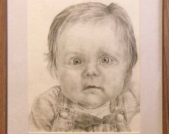 May include: A black and white pencil drawing of a baby wearing overalls, looking directly at the viewer.